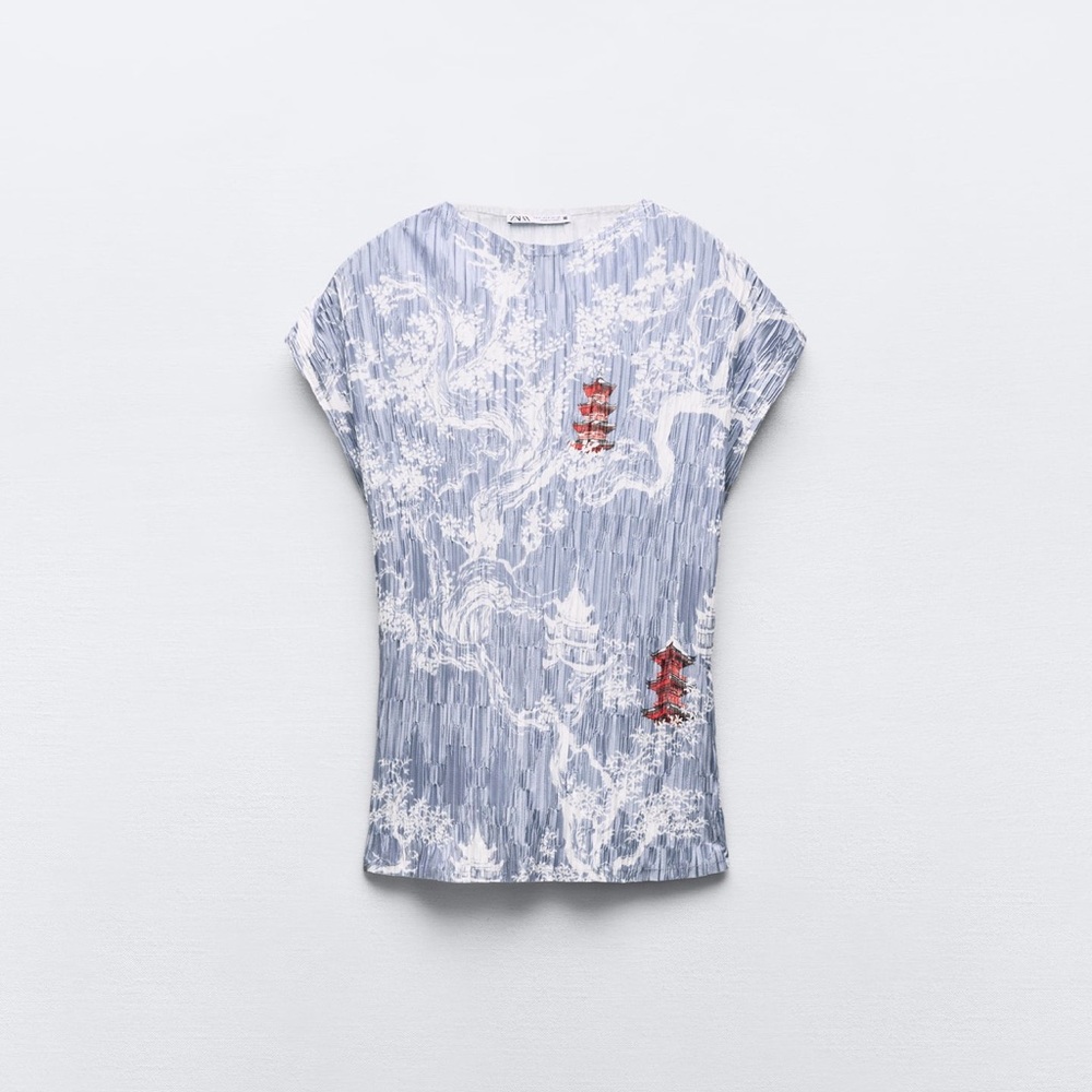 Zara pleated Chinese dragon print blue top and skirt